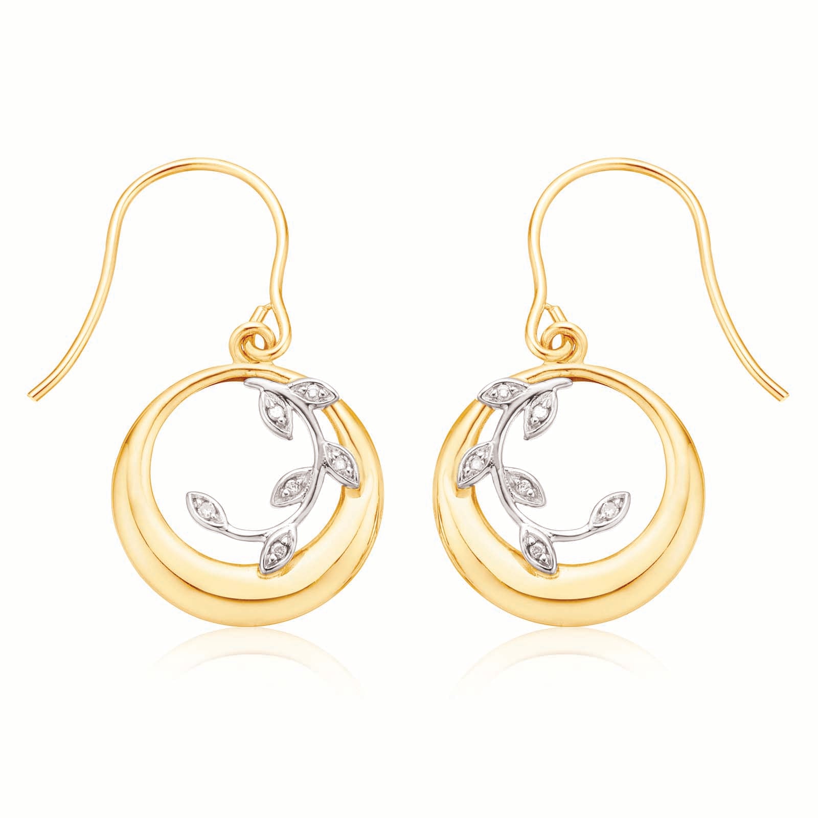 9ct Yellow Gold Diamond Set Vine Circle Drop Earrings