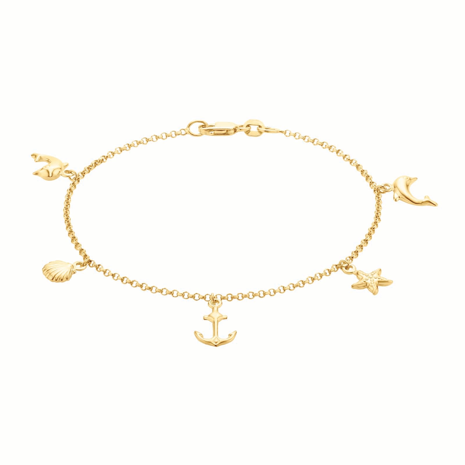 9ct Yellow Gold Silver Filled Dolphin Shell Starfish & Anchor Charm Bracelet