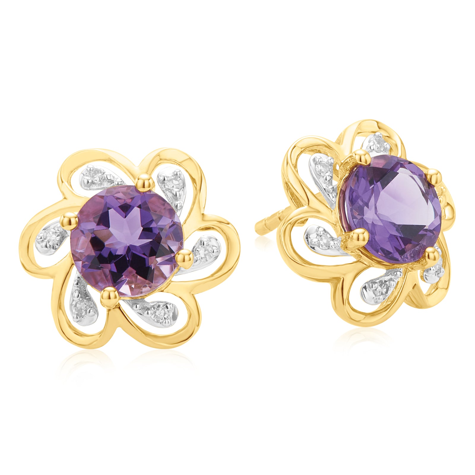 9ct Yellow Gold Diamond Set & Amethyst Stud Earrings – Zamels