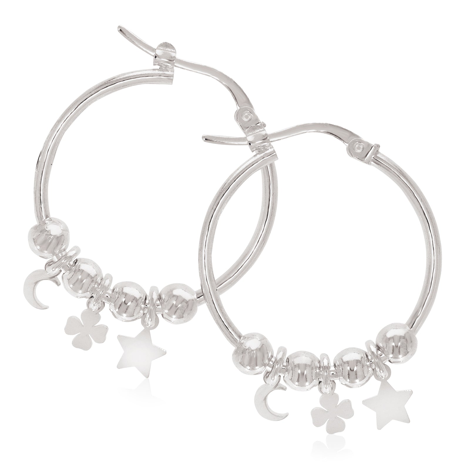 Sterling Silver  20 mm Star Clover Crescent Hoop Earrings