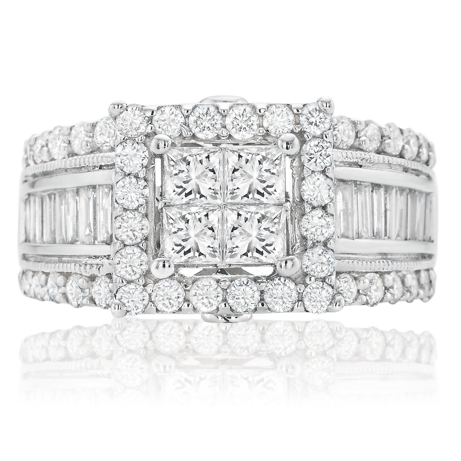 New York 14ct White Gold Princess & Baguette & Round Brilliant Cut 2 CARAT tw of Diamonds Ring