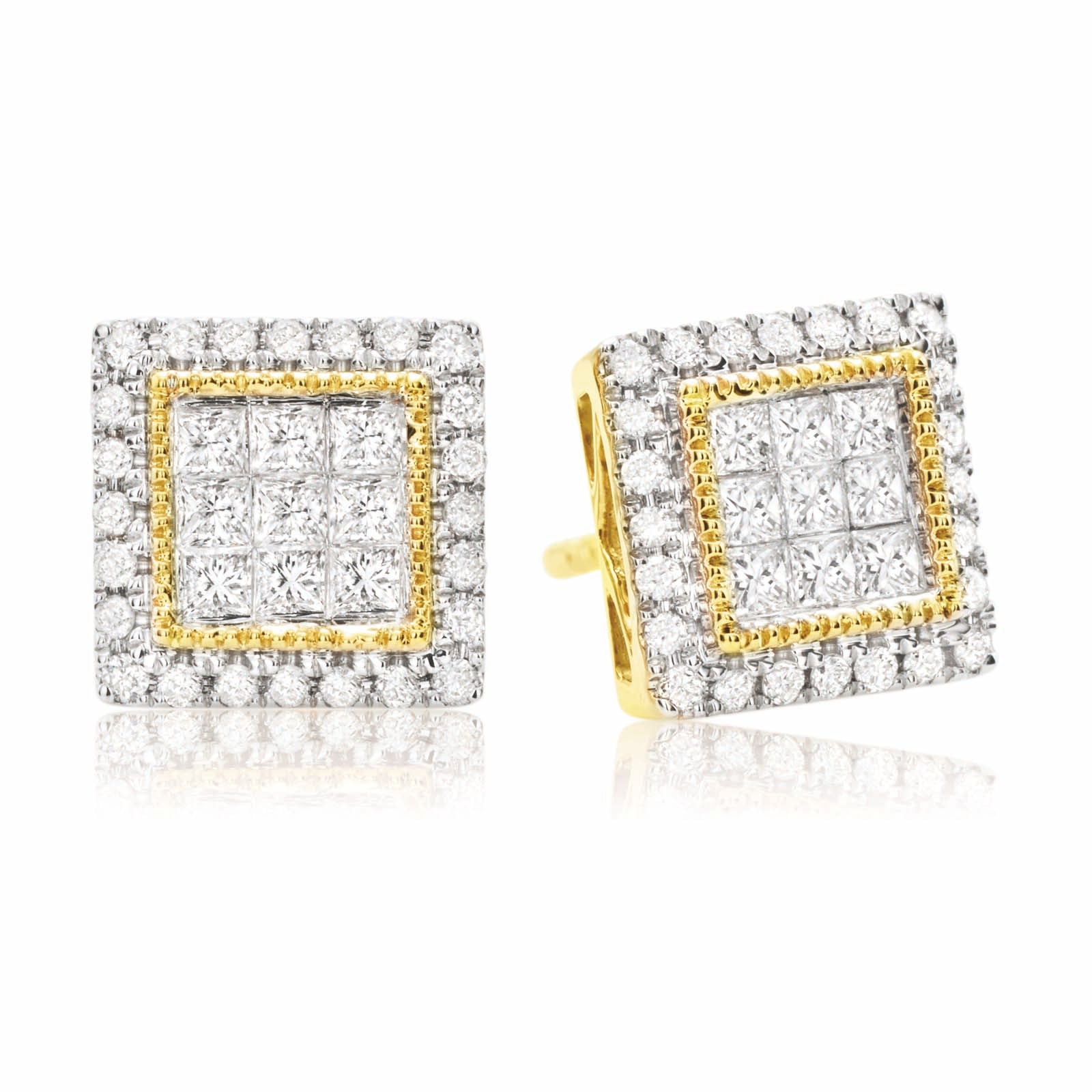 New York 14ct Yellow Gold Round Brilliant & Princess Cut 3/4 CARAT tw of Diamonds Stud Earrings