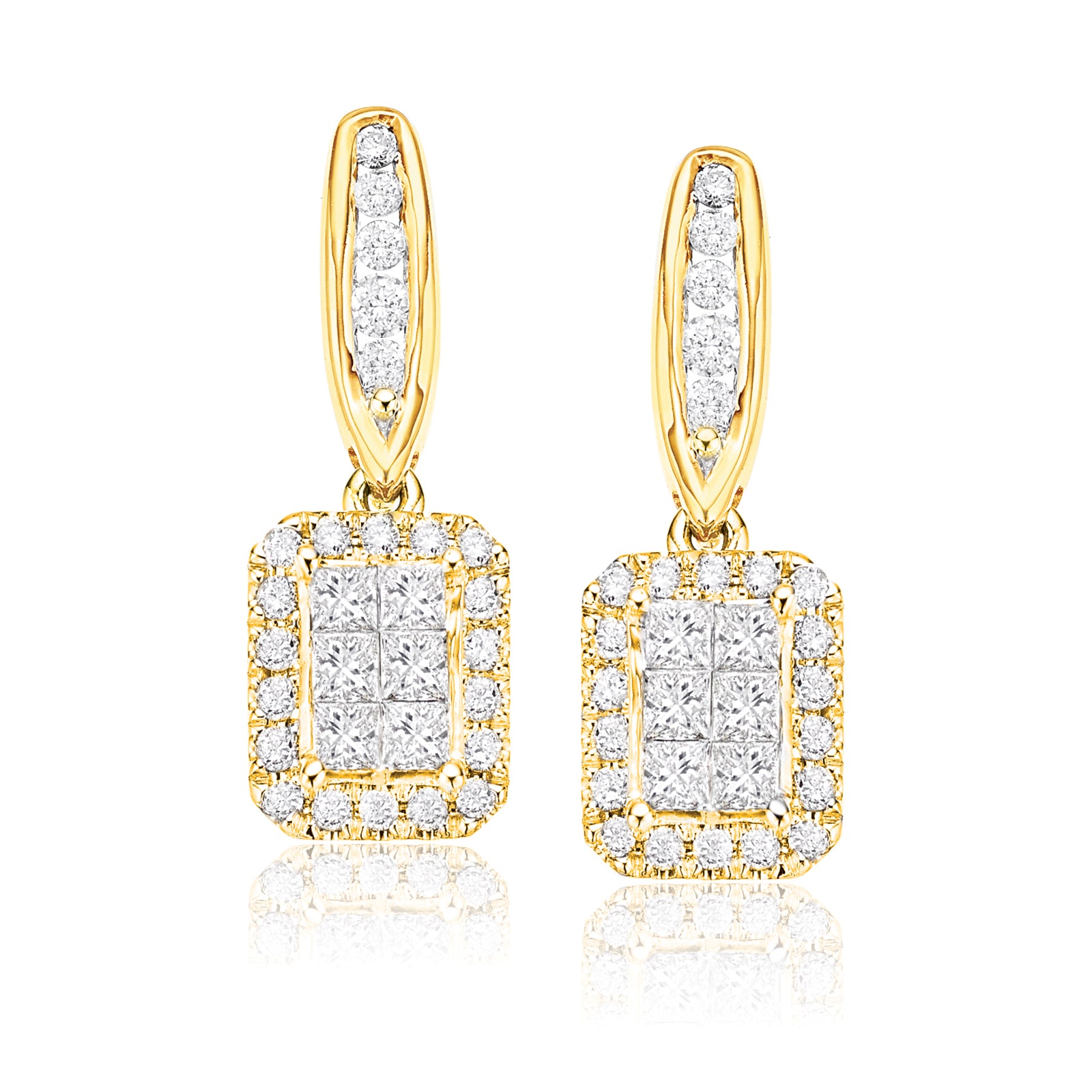 New York 14ct Yellow Gold Round Brilliant & Princess Cut 1 CARAT tw of Diamonds Drop Earrings