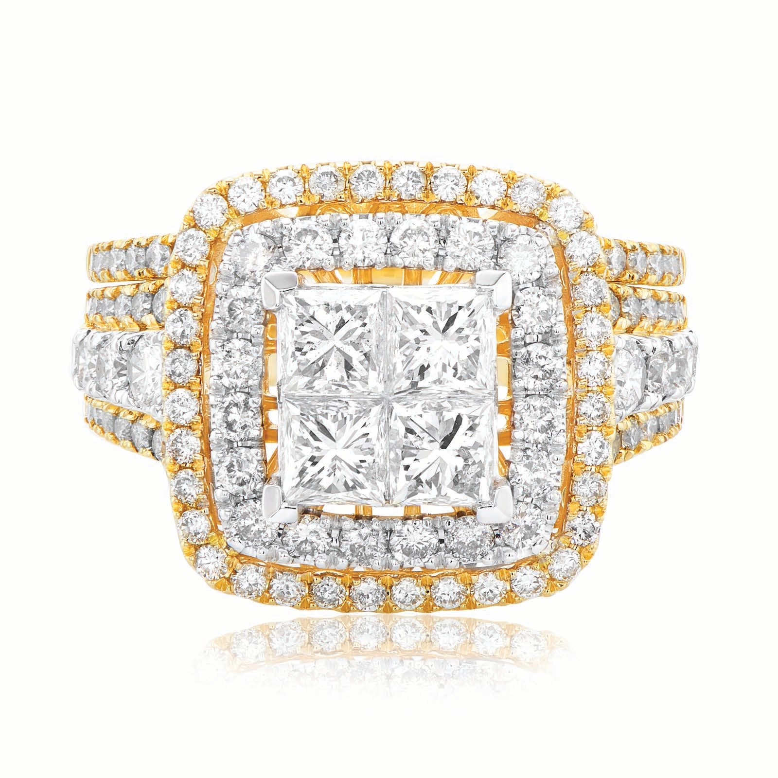 New York 14ct Yellow Gold Princess & Round Brilliant Cut 3 Carat tw of Diamonds 2 Ring Set