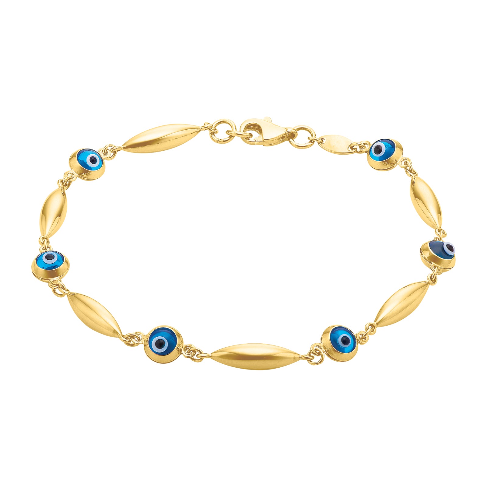 9ct Yellow Gold 19CM Blue Glass Evil Eye Bracelet