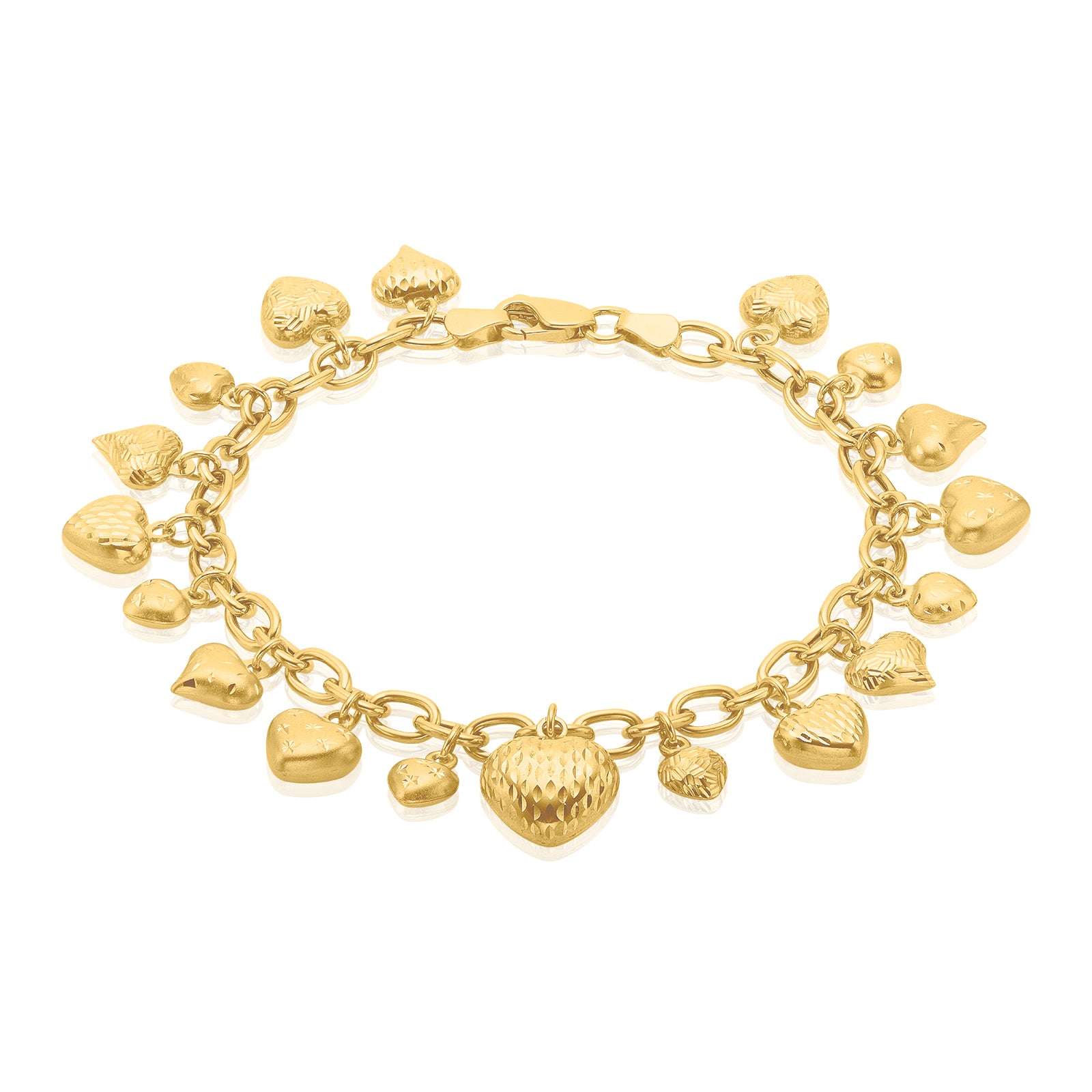 9ct Yellow Gold 19cm Drop Heart Hollow Bracelet