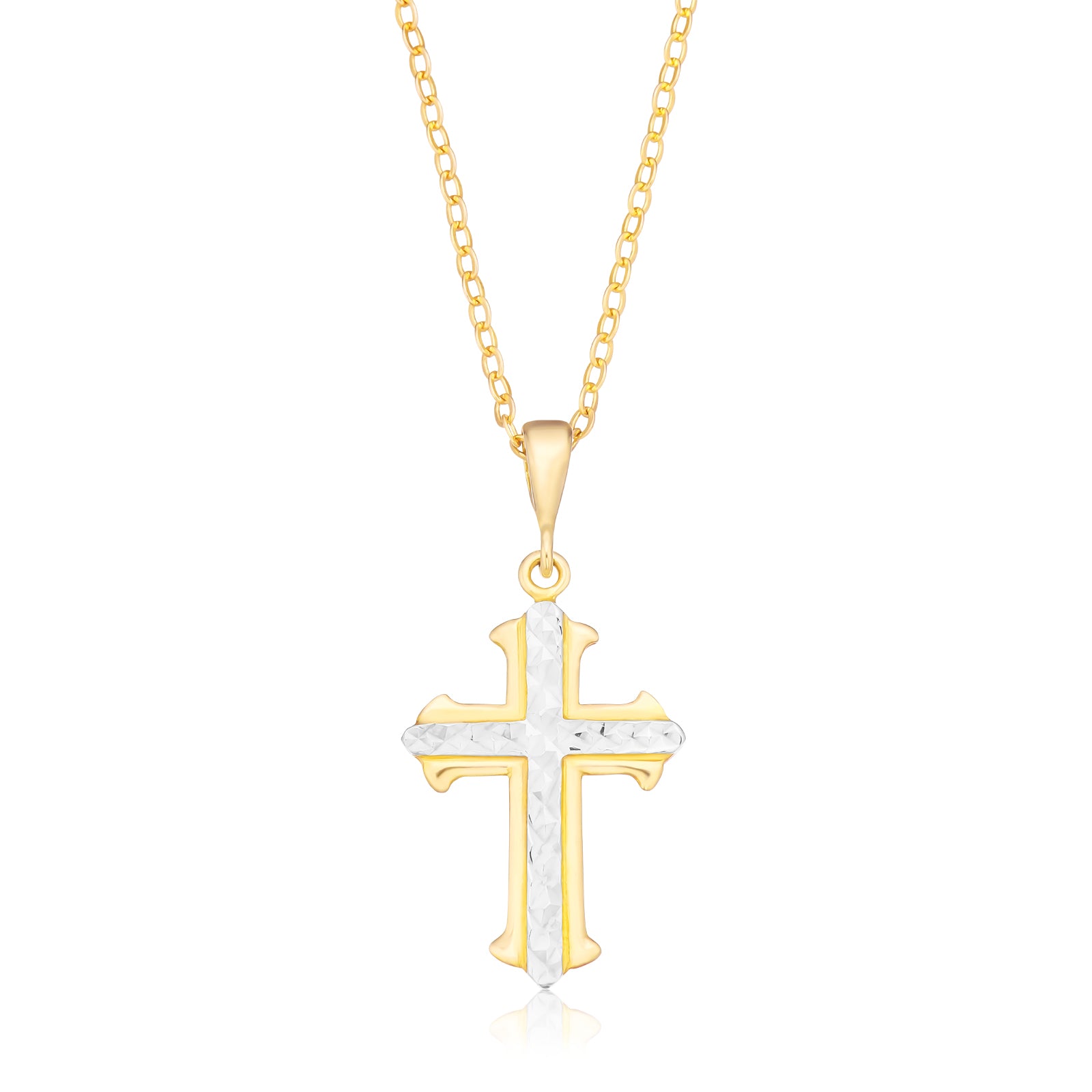 9ct Yellow Gold Rhodium Plated Diamont Cut Cross Pendant