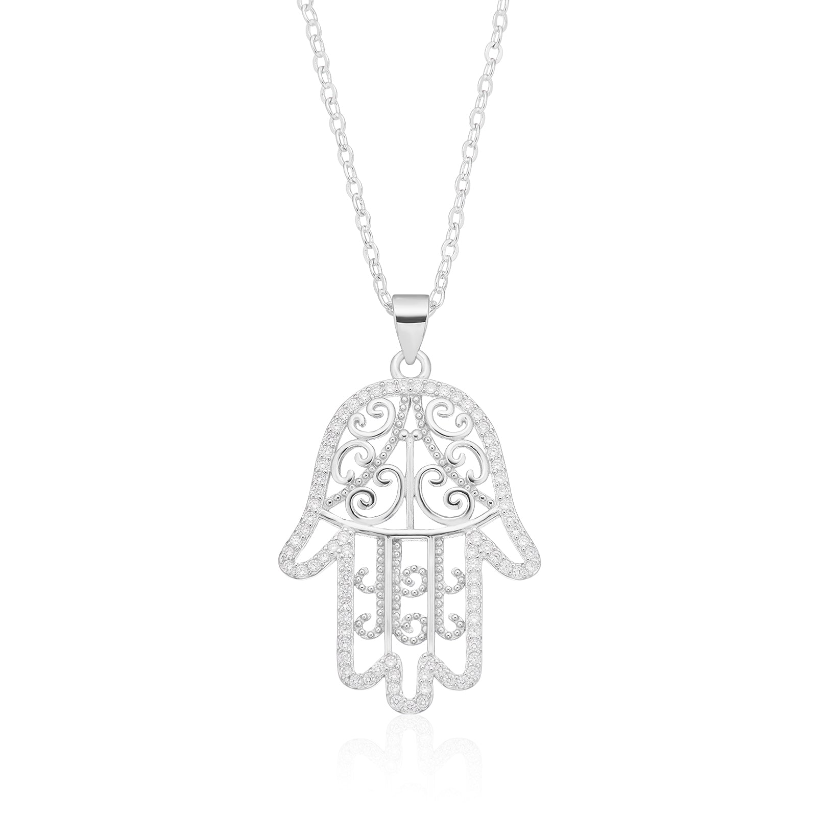 Sterling Silver with White Cubic Zirconia Hand of Fatima Pendant