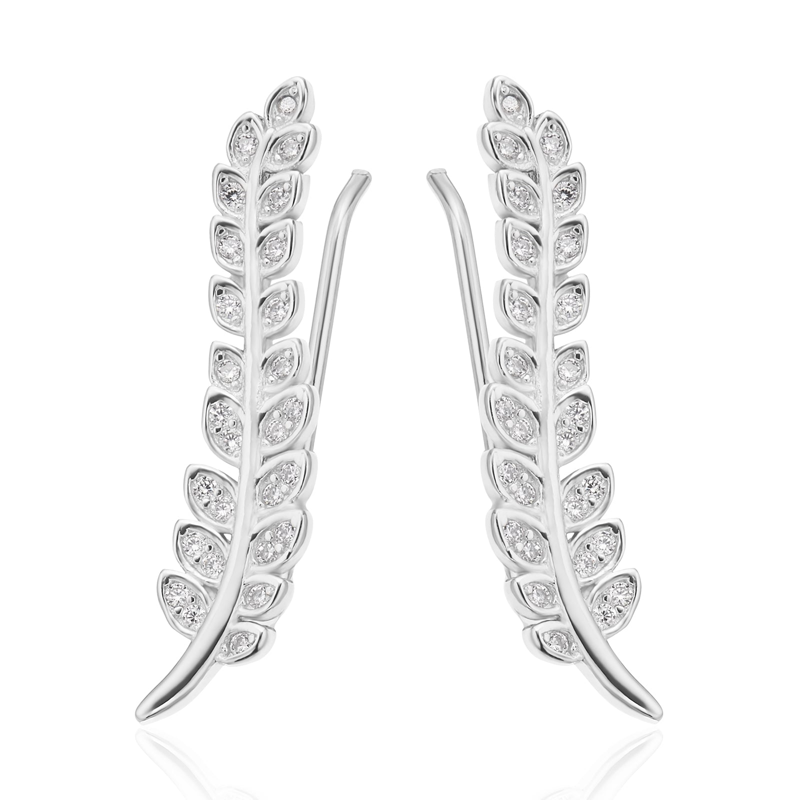 Sterling Silver with Round White Cubic Zirconia Leaf Drop Earrings