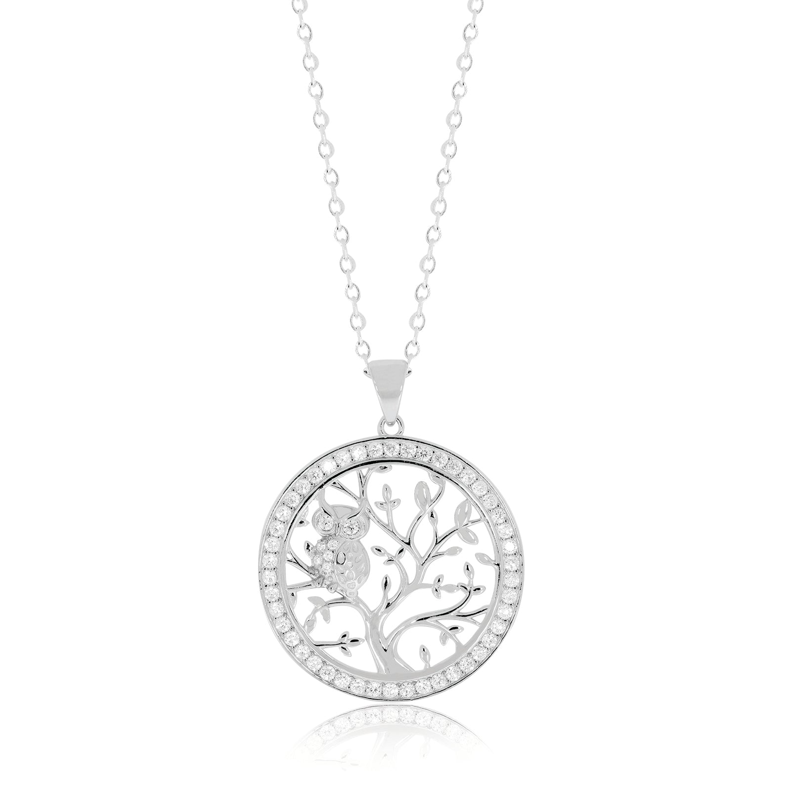 Sterling Silver with White Cubic Zirconia Tree of Life Owl Pendant