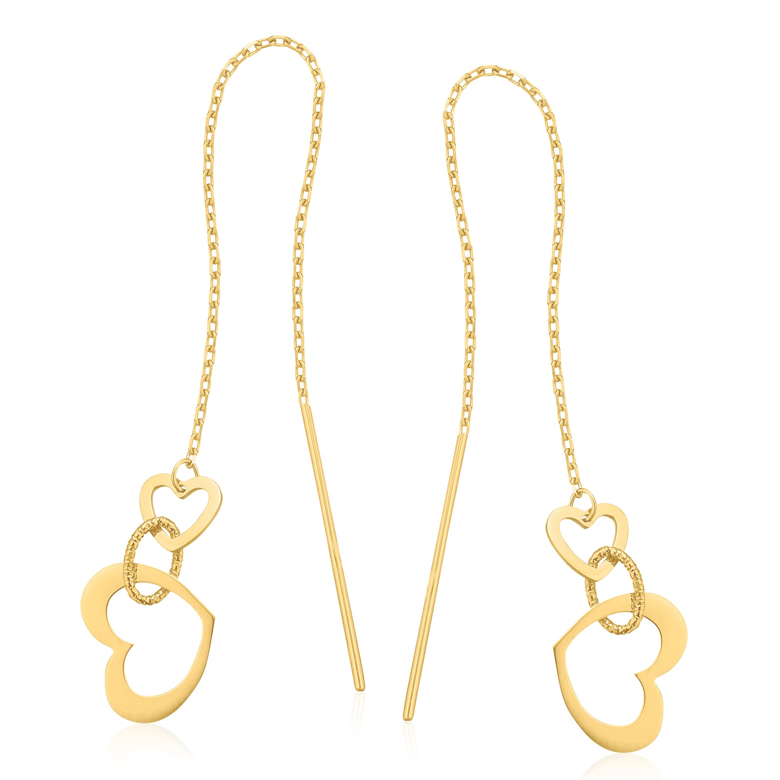 9ct Yellow Gold Thread Double Heart Drop Earrings