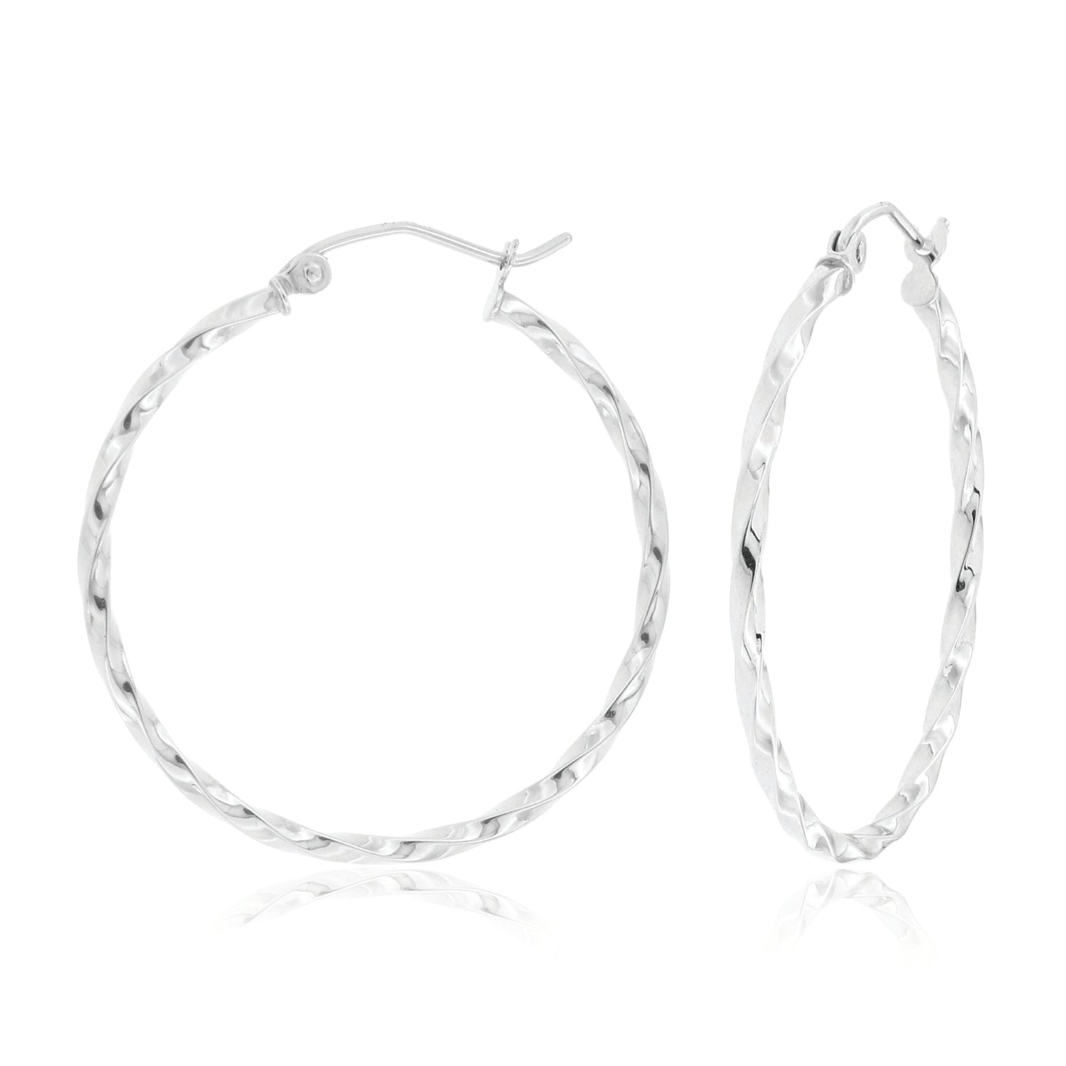 9ct White Gold 2x30mm Patterned Hoop Earrings