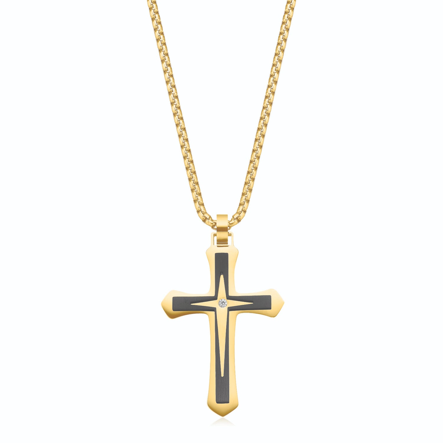 Tensity 60cm Stainless Steel Gold&Black Tone Cubic Zirconia Cross Pendant