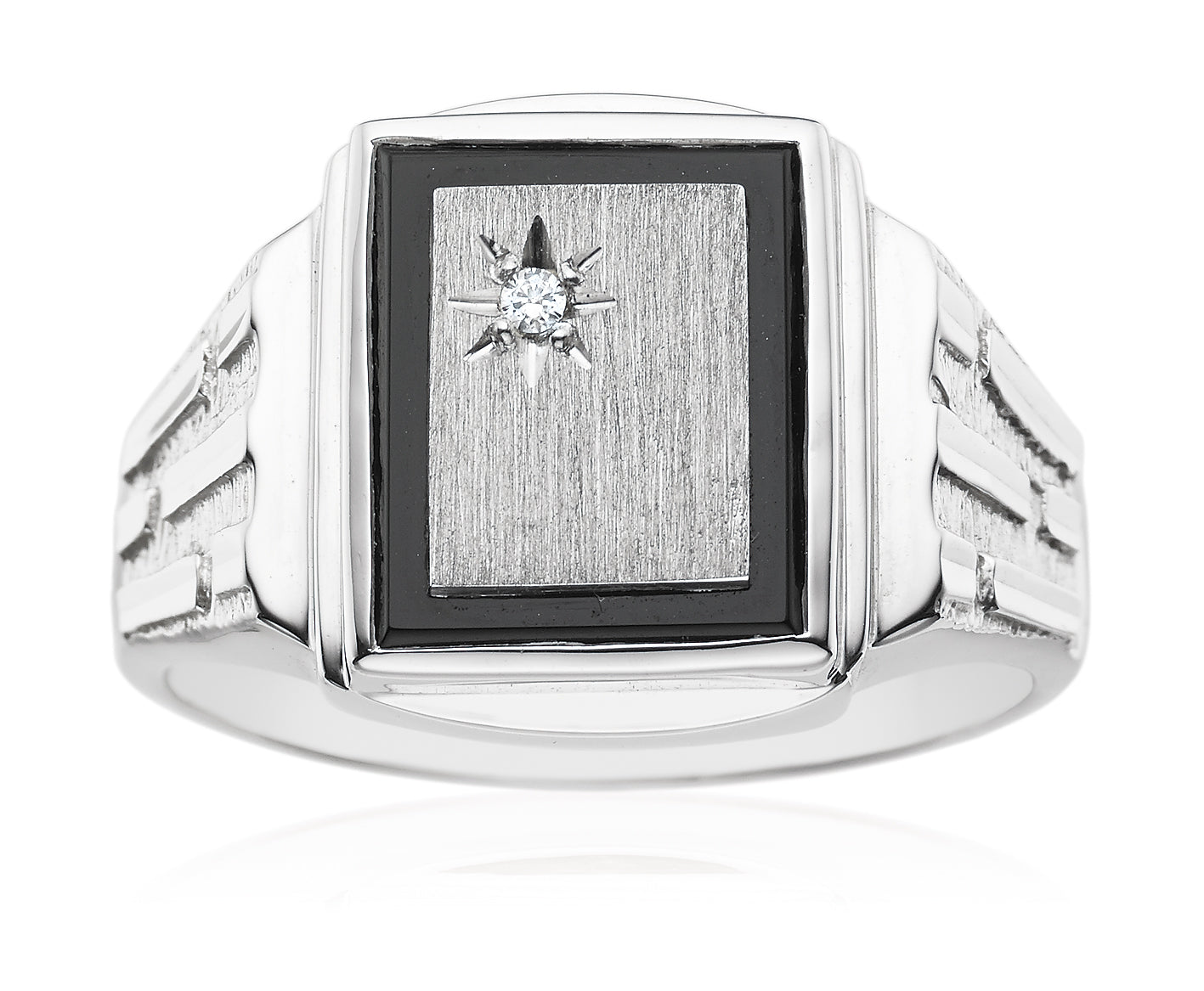 Sterling Silver Cubic Zirconia & Black Onyx Brushed Pattern Star Signet Mens Ring